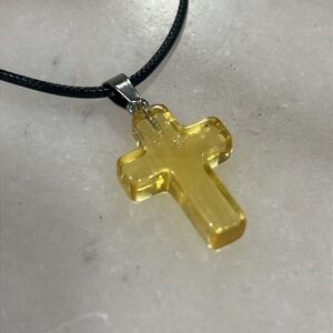 Yellow Cross Resin Pendant on Black Wax Cord Necklace